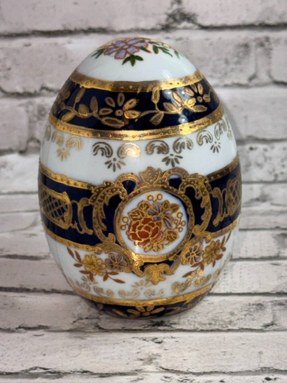 Vintage Cloisonne Egg Figurine France French Gold Floral Blue Antique Sculpture
